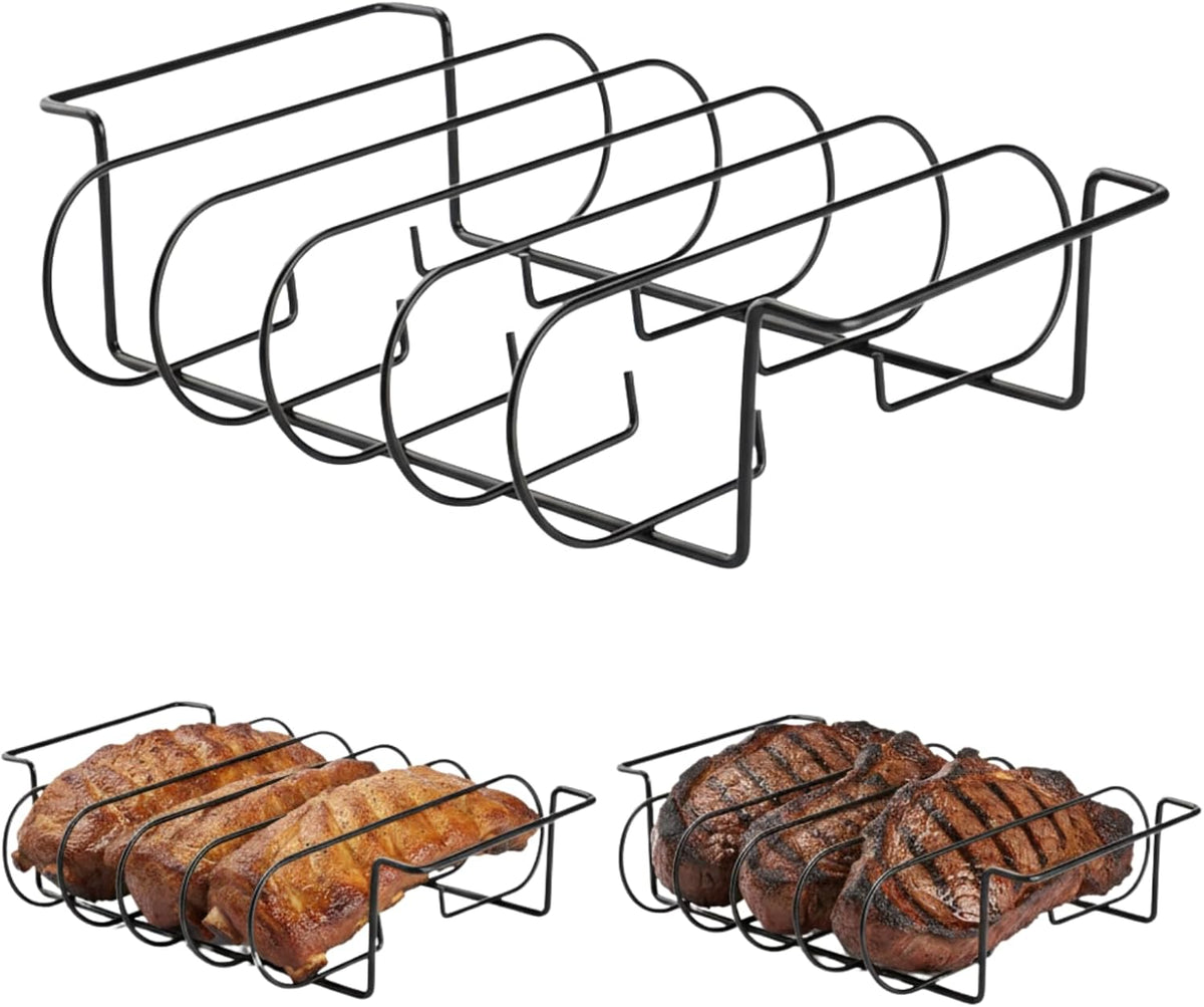 Rib Rack for Smoking and Grilling - 12" Extra Long Stainless Steel BBQ Holder - Non-Stick Vertical Roasting Stand Compatible with Most Gas Charcoal Pellet Smokers - Holds 4 Full Racks