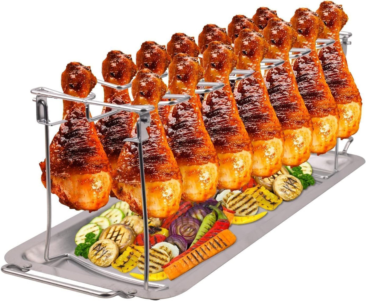 14 Slots Stainless Steel Chicken Lollipop Rack with Drip Tray | Fits Drumstick Wing Chicken Leg Holder Heavy Duty Roaster Stand for Smoker Grill Oven Essential BBQ Picnic Accessories