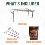 Products Jerky Hanger with 9 Skewers, Backwoods Jerky Seasoning | Bundle Includes Stainless Steel Folding Rack for Oven or Smoker plus Backwoods Original Jerky Seasoning for Homemade Jerky
