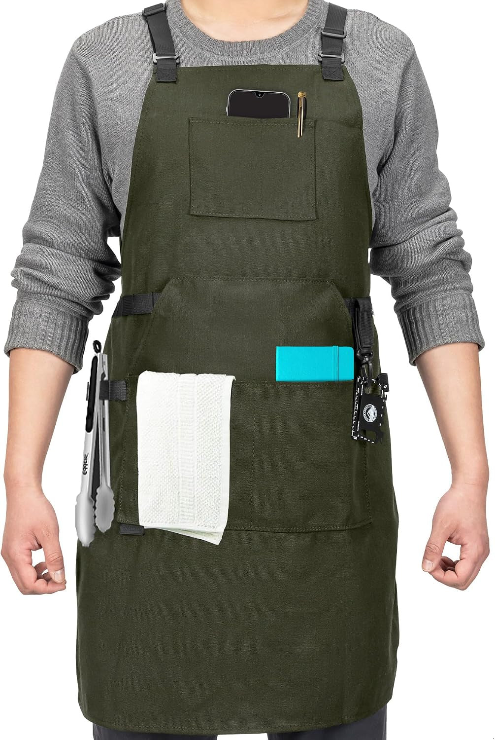 Canvas Chef Apron – Cross Back Straps Mens Apron for Butcher, Bartender, Grilling, BBQ, Kitchen, Workshop & Artist