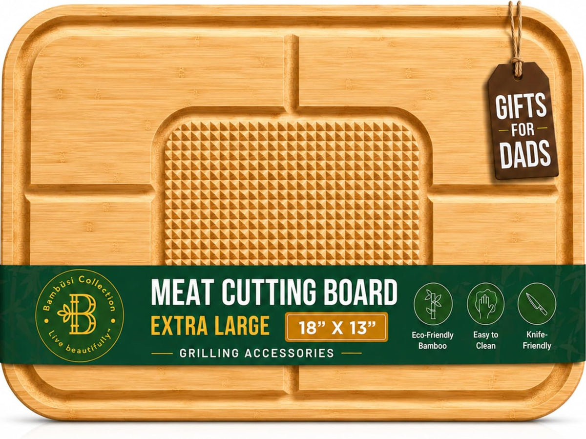 Meat Cutting Board - Extra Large Bamboo Carving Board, 18 X 13 Thick Butcher Block with Deep Juice Groove, Non Slip Center, Reversible Board for Steak, Brisket, Turkey, BBQ Prep Grilling Gifts for Men
