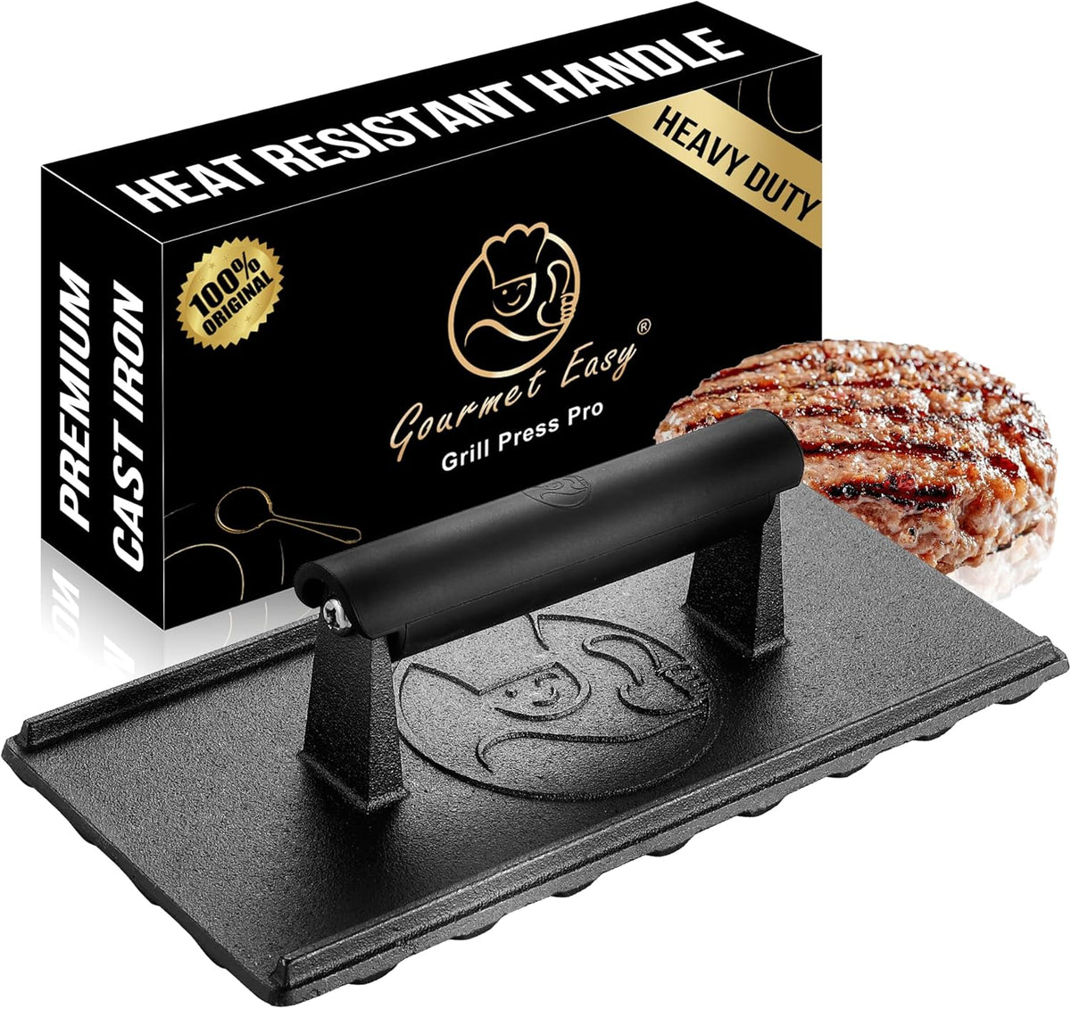 3Lbs Cast Iron BBQ Grill Press with Heat Resistant Handle | Heat-Resistant Handle for a Secure Grip, Heavy Duty Ideal for Smash Burgers and Flat Top Grills, 5-Year Warranty